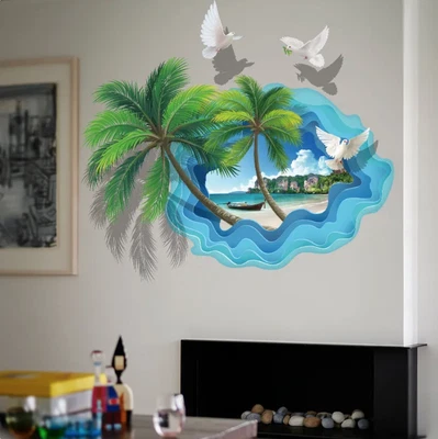 Tropical Paradise Beach Doves Palm Trees 3d Wall Sticker Decoration Mural Art De • $29.50