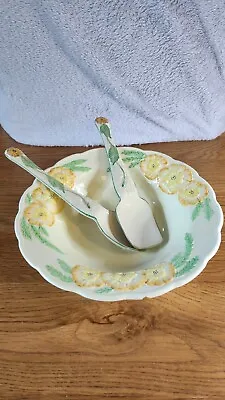 Yellow & Green Floral Salad Bowl And Servers Some Chips & Damage See Pictures • £12