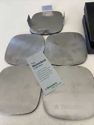 Heineken Metal Drink Coasters  Set Of #4 With Metal Holder Preloved • $12