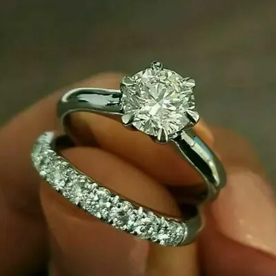£118 • Buy 14k White Gold Finish Round Cut Diamond Wedding Band Engagement Bridal Ring Set
