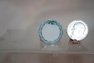 Miniature Dollhouse PRETTY Blue Rose Gold & White Plate W Scalloped Rim Artisan • $9.99