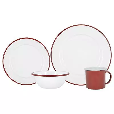 16 Piece White Enamel Dinner Set Metal Camping Plates Bowls Mugs For 4 Red • £36