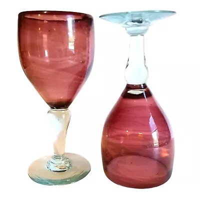 Hand Blown Mexican Glass Wine Water Goblet Glasses Set Of 2 Purple Clear Stem • $14