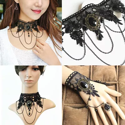 Gothic Black Lace Necklace Collar Choker Pendants Vintage Bracelet Wrist Chain • $11.59