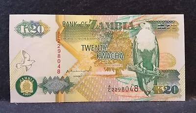 $1.25 • Buy Zambia 1992 20 Kwacha, Fish Eagle/ Fig Tree & Kudu, Crisp UNC, P-36a (ZM2)