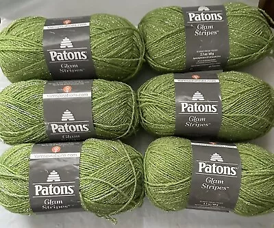 Patons Glam Stripe Chartreuse Yarn Sparkly Metallic Green 6 Skeins New! • $24.99