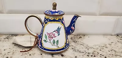 Vintage Kelvin Chen Style Hand Painted Enamel Metal Miniature Teapot Hummingbird • $27.99