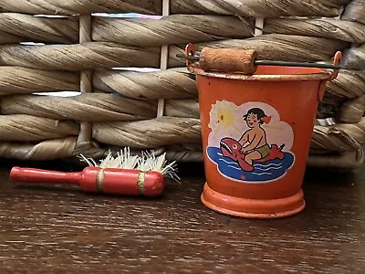 Vintage 1950’s Doll Accessory Size Tin Sand Pail Bucket And Brush German Toy • $58