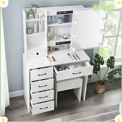 UK Dressing Table W/ Led Mirror Drawers Vanity Table Makeup Desk Stool Set White • £143.76