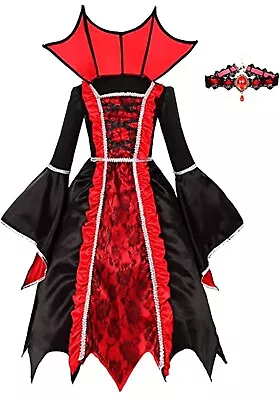 Funslane Halloween Girls Vintage Vampire Costume Cosplay Fancy Dress Age 8-10yrs • £7.99