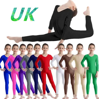 UK Kids Girls Long Sleeve Ballet Dance Jumpsuits Gymnastics Dancewear Leotards • £10.37