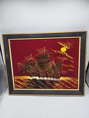 Vintage 16x20 Red Velvet Painting Nautical Ship Boat Ocean Sun Set MCM Framed • $79.99