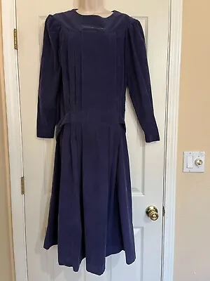 Laura Ashley Vintage Blue Fine Wale Corduroy Pleat Front Back Sash Dress 12 • $49.99