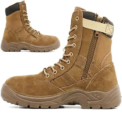 Mens Leather Non Safety Military Combat Police Army Zip Up Work Shoes Boots Size • £25.95
