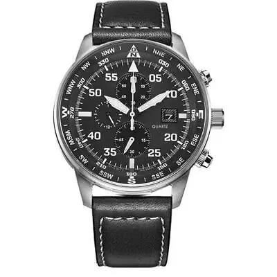 Men's Aviator Chronograph Black Dial Eco-drive Watch New Free Fast Shipping • $37.99