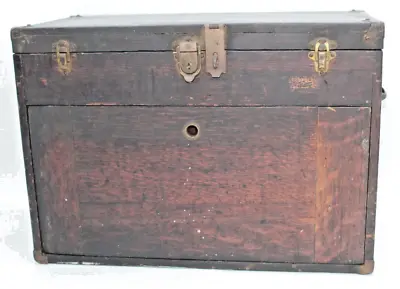 Vtg Antique 10x14x20  Machinist Wood Tool Chest Box CORBIN USA Lock Brass Trim • $269.10