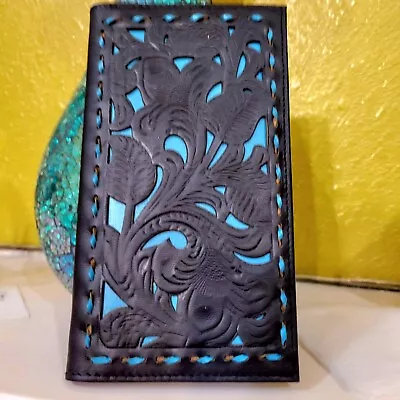 Western GENUINE LEATHER Wallet Hand Tooled Long Bifold Checkbook Black And Teal • $39