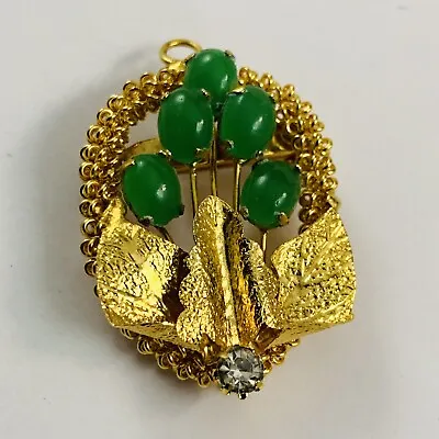 Vintage Faux Jade Cabochons Rhinestone Gold Tone Brooch Pendant Combo Pin • $19.99