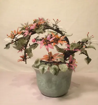 Vintage Large Chinese Jade Stone Glass Bonsai Flower Tree  • $32.99