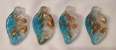 One Handmade Glass Venetian Murano Lampwork Blue Leaf Pendants 484 • $9