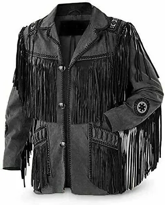 Men Western Style Cowboy Leather Jacket With Fringe Suede Beaded Coat-Black • $129.99