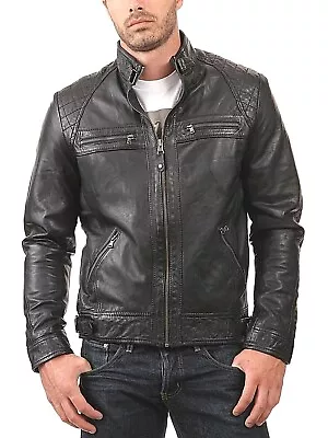 Cafe Racer Black Brown  Leather Jacket  Soft Sheep Leather Biker Style ST-82 • $115.50