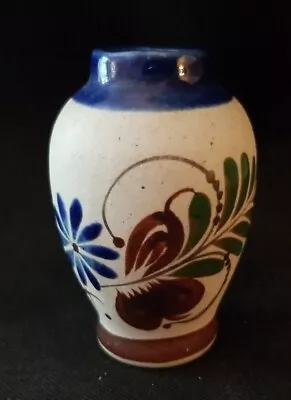 Tonala Mexican Pottery Folk Art Flowers Blue Brown Sandstone Mini Vase 4  Mexic • $9.99