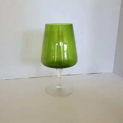 Vintage Large Green Water Bordeau Goblet With Clear Pedestal & Foot MCM 8  • $12.95