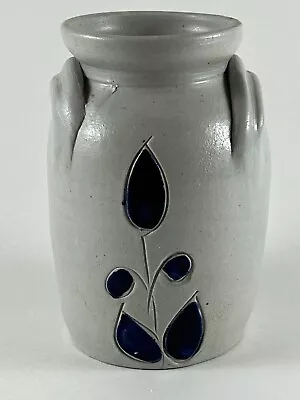 Vintage Williamsburg Pottery Stoneware Salt Glaze Vase Blue Floral Flower • $9.90