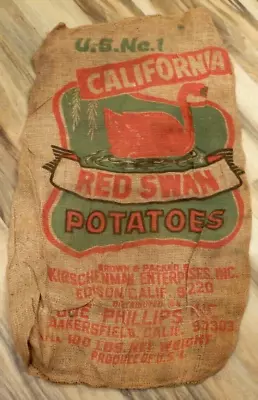 Vintage 100 Lb Burlap Potato Sack-California Red Swan-Bakersfield-2 Snags • $16.99