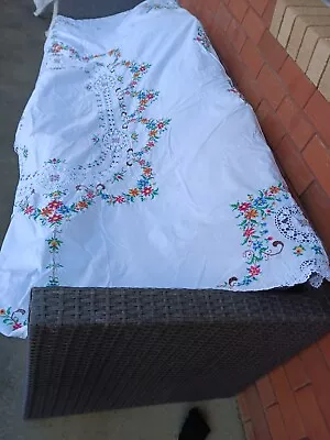 Beautiful Vintage Hand Made Cross Stich Large Cotton Tablecloth • $60