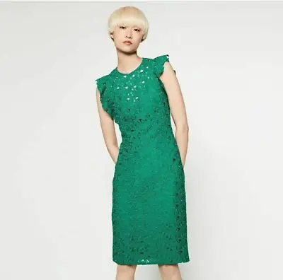 ZARA Guipure Lace Tube Midi Dress Size Small Flutter Cap Sleeves Emerald Green • $44.72