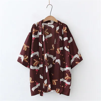 Women Ethnic Yukata Kimono Robe Japanese Style Crane Pattern Cardigan With Belt • £18.46