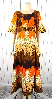 Vintage 60s 70s Hawaii Nei Hawaiian Barkcloth Maxi Dress Pineapples Brown Orange • $139