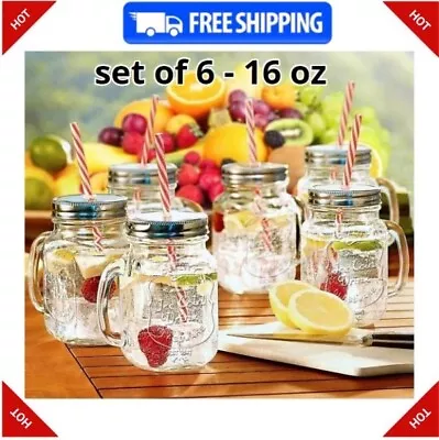 Estilo Mason Jar With Handle And Straw | Set Of 6 | 16 Oz Jars - Free Shipping • $29.75