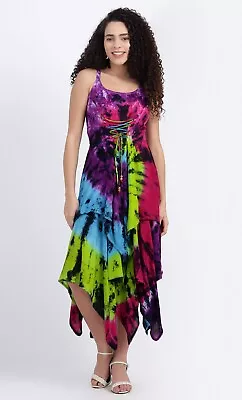 Tie Dye Maxi Dress Festival Pixie Hem Lace Up Multicolor Sleeveless Asymmetric • £29.99