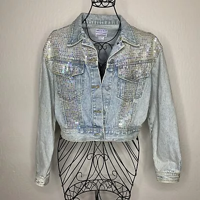 Vintage 80s DAKOTA BLUE Cropped Sequined DENIM JACKET Women’s Size Large • $45