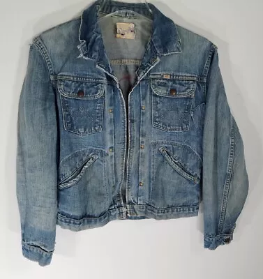 1960s Wrangler Denim Jacket 24MJZ Popcorn Wagon Carl Casper Rat Rod Art Peace M • $295