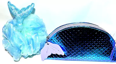 Bath Body Works Mermaid Tail MAKEUP COSMETIC BAG & LOOFA Sponge Blue Teal 2p Set • $18