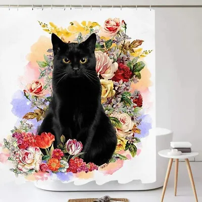$18.90 • Buy Animal Black Cat Shower Curtain 72 Inch Bathroom Decoration Waterproof With Hook