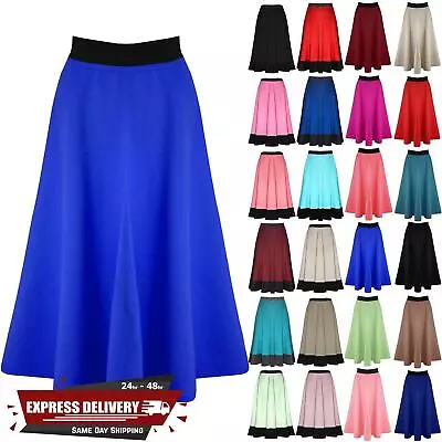 New Ladies Womens Scuba Mid Length Stretch Flared Long Skater Swing Midi Skirt • £6.99