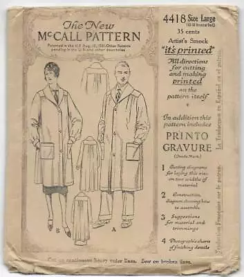 Rare Original Vintage 1921 McCall Pattern 4418 ARTIST'S SMOCK 42-44 Large • $129.99