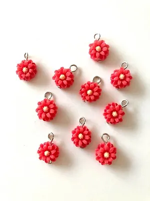 Pack Of 10 Pink Mini Resin Flower Charms Beads Embellishments With Metal Hoops • £3.50