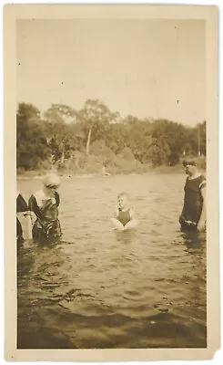 CIRCA 1900's  Antique Photo Of Family Of Three In Bathing Suits Swimming In Lake • $59.99