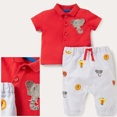 Boys Baby Boden 2 Piece Safari Animals Piqué Polo And Trousers Set Mini Age 0-2 • £9.95