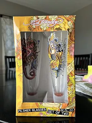 Ed Hardy Pilsner Drinking Glasses Mermaid Good And Evil Set Of 2 • $24.99