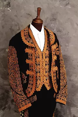 Men's 3Pc Customized Black Cotton Embroidered Mariachi Suit Mens Mariachi Outfit • $1507.53