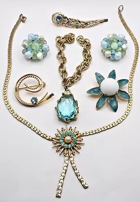 Vintage Aqua Turquoise Jewelry Lot: Necklace Pins Clip Earrings Bracelet Barette • $17.50