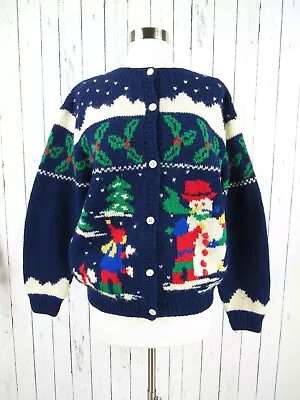 Vintage Charter Club Hand Knit 100% Wool Christmas Snowman Cardigan Sweater M • $39