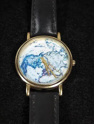 Womans World Map Dial Round Gold Tone Case Black Leather Band Watch 7.5 Inch • $13.99